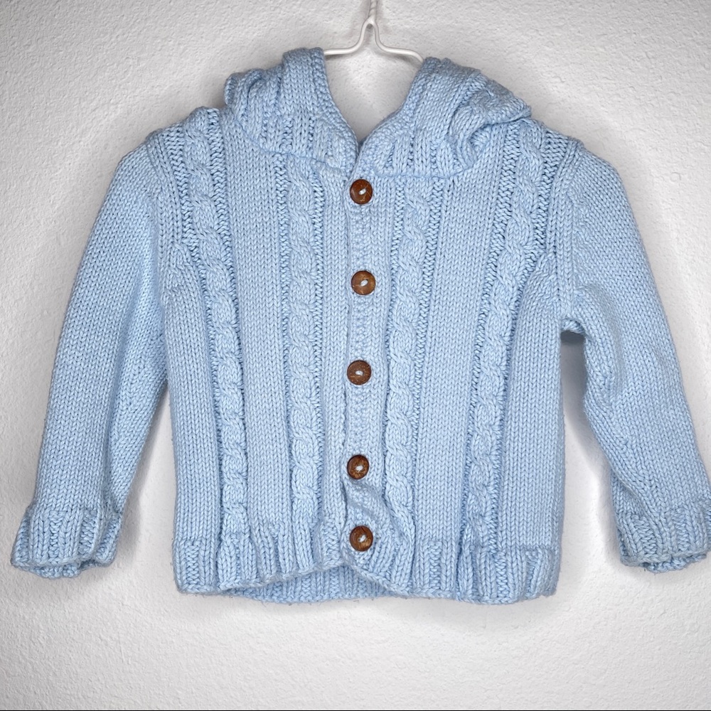 2H Knits boutique blue cable knit hoodie sweater